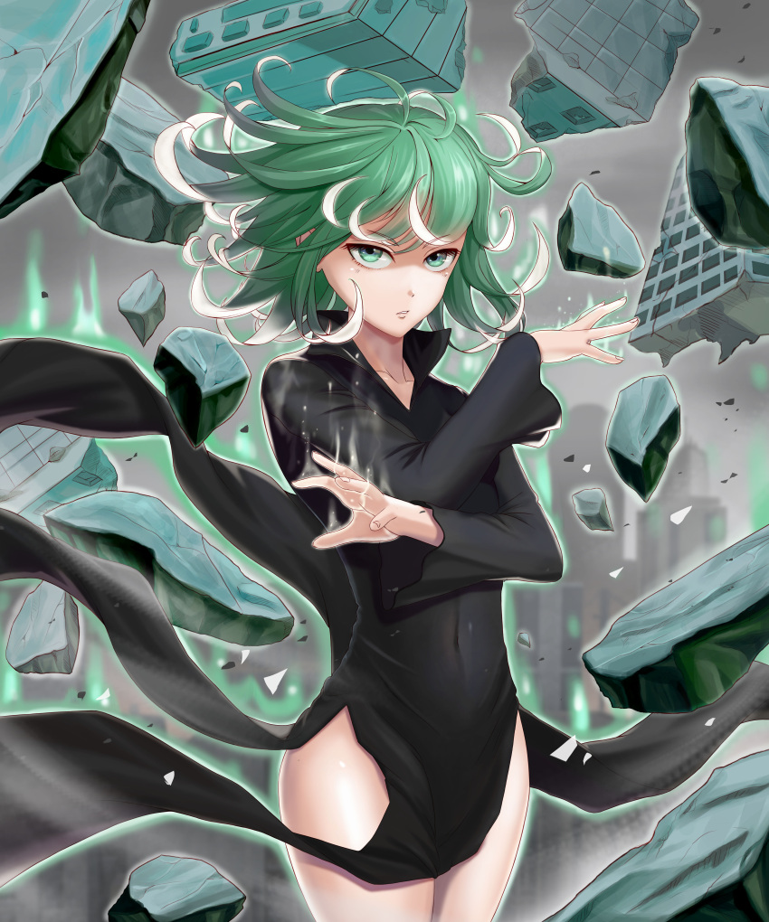 1girl absurdres black_dress breasts collarbone commentary_request curly_hair dress floating green_eyes green_hair highres long_sleeves looking_at_viewer navel no_panties one-punch_man short_hair small_breasts solo tatsumaki telekinesis yngh2445