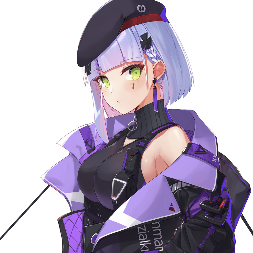 1girl bangs bare_shoulders beret black_headwear black_jacket blunt_bangs blush braid breasts closed_mouth clothes_writing cross_hair_ornament earrings eyebrows_visible_through_hair facial_mark french_braid from_side girls_frontline green_eyes hair_ornament hat hk416_(girls_frontline) jacket jewelry large_breasts looking_at_viewer looking_to_the_side multicolored_hair off_shoulder open_clothes open_jacket pink_hair ranyu silver_hair solo two-tone_hair underbust upper_body