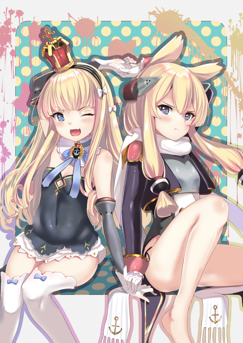 2girls azur_lane bangs bare_legs bare_shoulders black_panties blonde_hair blue_eyes blue_neckwear blue_ribbon blunt_bangs blush bow commentary_request crown detached_collar detached_sleeves epaulettes fang gloves hair_between_eyes hair_bow hairband highres holding_hands long_sleeves looking_at_viewer mini_crown multiple_girls navel neck_ribbon one_eye_closed open_mouth panties pout queen_elizabeth_(azur_lane) ribbon scarf schreibe_shura side-tie_panties sidelocks sitting skin_fang thigh-highs thighs underwear warspite_(azur_lane) white_bow white_gloves white_legwear white_scarf