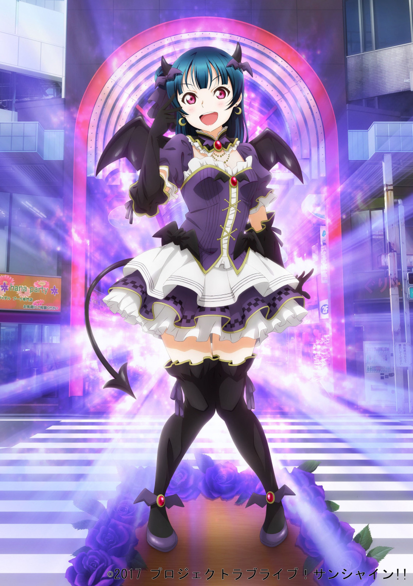 1girl 2017 :d absurdres bangs black_gloves black_legwear black_wings blue_hair bow demon_tail demon_wings detached_collar detached_sleeves earrings elbow_gloves full_body gloves hair_bow highres jewelry layered_skirt long_hair looking_at_viewer love_live! love_live!_sunshine!! miniskirt open_mouth pumps purple_bow purple_footwear purple_ribbon purple_sleeves red_eyes ribbon short_sleeves skirt smile solo tail thigh-highs tsushima_yoshiko wings