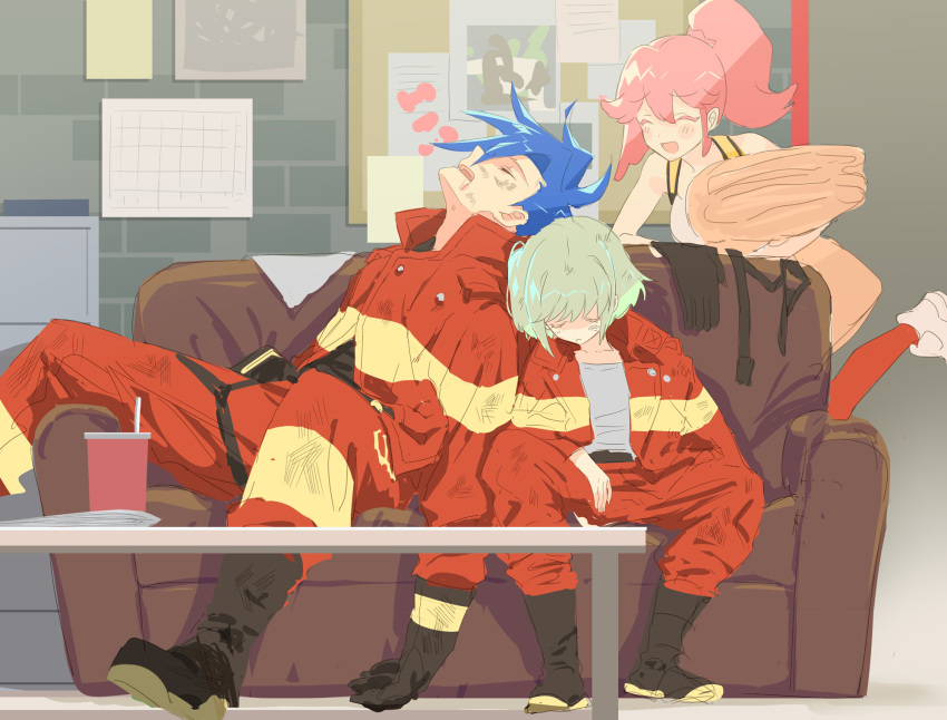 1girl 2boys aina_ardebit blonde_hair blue_hair closed_eyes couch cup dirty_face firefighter galo_thymos gloves green_hair highres jacket lio_fotia multiple_boys open_mouth pink_hair promare rice_(rice8p) side_ponytail sleeping sleeping_on_person smile spiky_hair suspenders