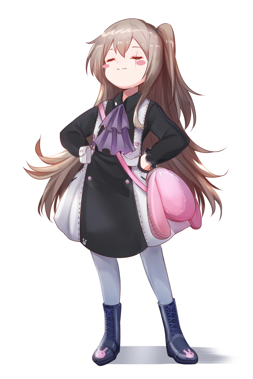 1girl :3 absurdres b_b_b_b66 blush brown_hair closed_eyes commentary_request full_body girls_frontline highres jacket long_hair long_sleeves one_side_up scar scar_across_eye simple_background smug solo standing ump45_(girls_frontline) younger