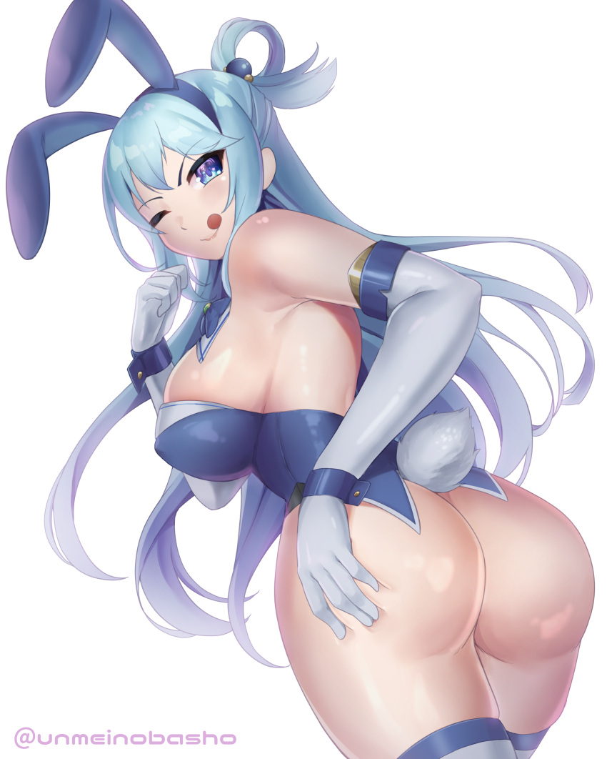 1girl absurdres aqua_(konosuba) artist_name ass bare_shoulders blue_eyes blue_hair blush breasts bunny_hair_ornament commentary_request detached_sleeves eyebrows_visible_through_hair from_behind hair_ornament hair_rings highres kono_subarashii_sekai_ni_shukufuku_wo! large_breasts long_hair looking_at_viewer one_eye_closed simple_background smile solo thigh-highs tongue tongue_out unmeinobasho white_background