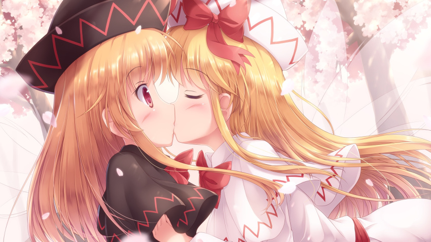 2girls black_capelet black_dress black_headwear blonde_hair blush bow capelet cherry_blossoms closed_eyes commentary_request day dress fairy_wings from_side hat hat_bow highres kiss lily_black lily_white long_hair lzh multiple_girls outdoors petals profile red_bow red_eyes sidelocks tareme touhou transparent_wings tree upper_body white_capelet white_dress white_headwear wide-eyed wings yuri