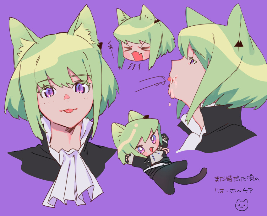 1boy :3 absurdres animal_ears black_gloves black_jacket cat_ears cat_tail catboy cravat ear_piercing fang gloves green_hair highres jacket lio_fotia male_focus open_mouth piercing promare tail tongue tongue_out violet_eyes yagita_(astronomie)