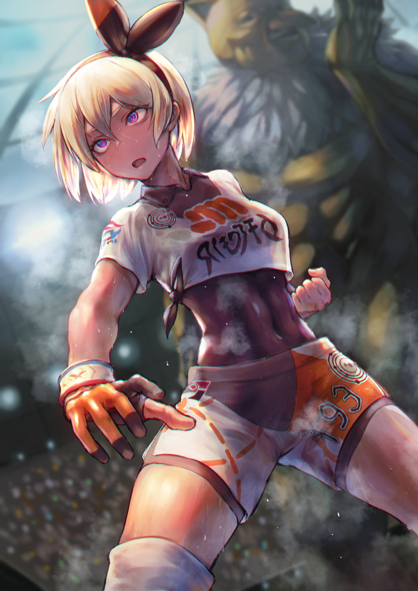 1girl abs bare_arms blonde_hair blurry blurry_background bodysuit bodysuit_under_clothes clenched_hand collared_shirt commentary_request covered_navel cowboy_shot cropped_shirt dripping dutch_angle fighting_stance gen_1_pokemon gloves hair_between_eyes hairband hand_up hangetsuban_sonshou highres hypno looking_afar looking_at_another monster muscle open_mouth partly_fingerless_gloves pokemon pokemon_(creature) pokemon_(game) pokemon_swsh ringed_eyes saitou_(pokemon) shirt short_hair short_sleeves shorts sidelocks solo_focus standing sweat toned violet_eyes wing_collar wristband