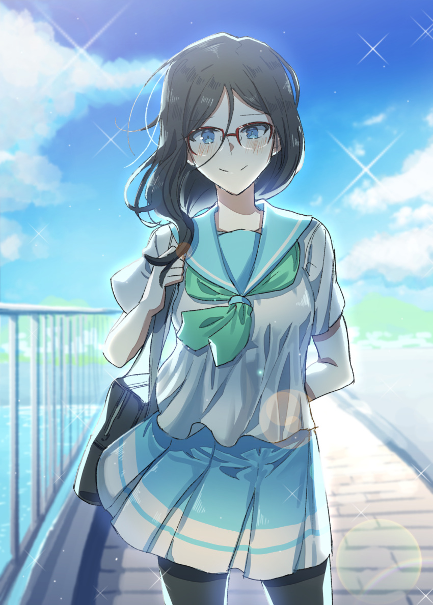 1girl arm_behind_back bag black_bag black_hair black_legwear blue_eyes blue_sailor_collar blue_skirt blue_sky blurry blurry_background closed_mouth clouds collarbone day floating_hair glasses green_neckwear hair_between_eyes hair_over_shoulder hibike!_euphonium highres holding holding_bag jeruka_(otot9181) lens_flare long_hair looking_at_viewer miniskirt neckerchief outdoors over-rim_eyewear pantyhose pleated_skirt red-framed_eyewear sailor_collar school_bag school_uniform semi-rimless_eyewear serafuku shirt short_sleeves sketch skirt sky smile solo sparkle tanaka_asuka white_shirt