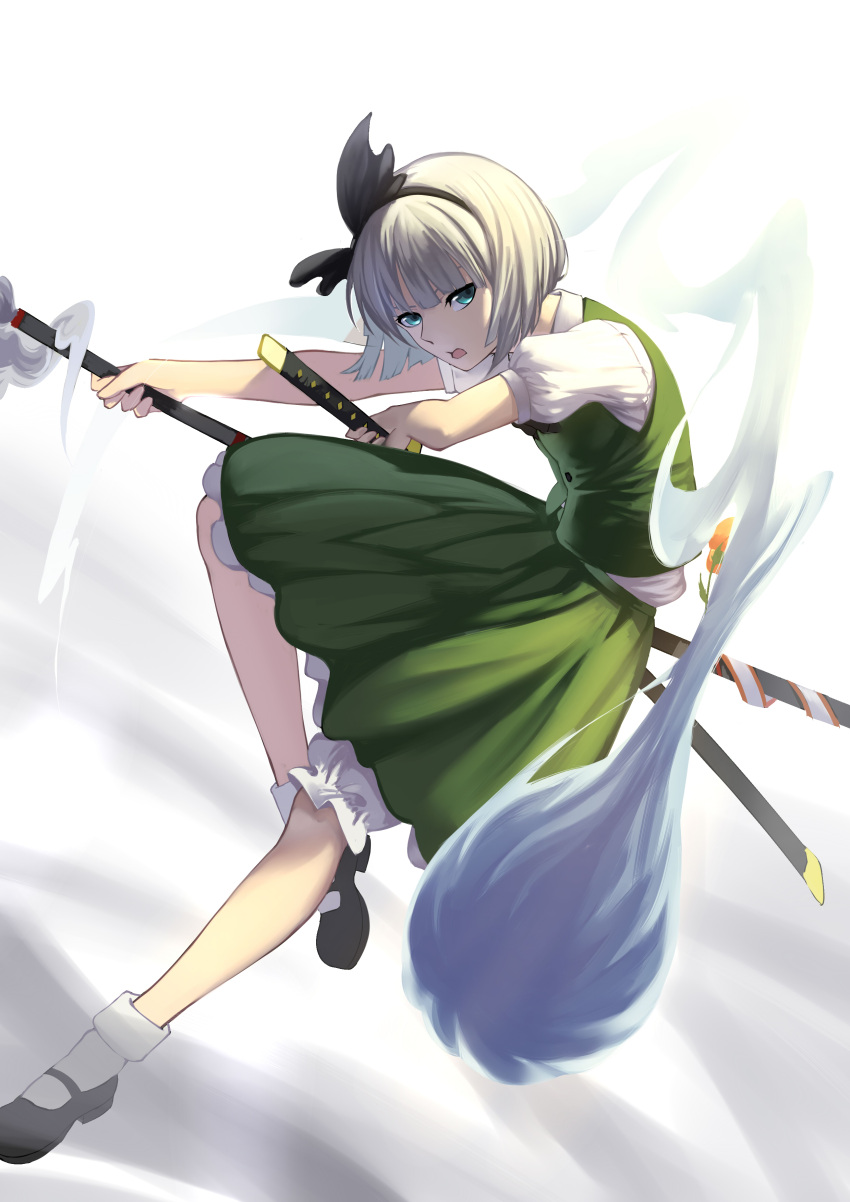 1girl absurdres black_bow black_footwear black_hairband blue_eyes bow green_skirt green_vest hair_bow hairband highres hitodama holding holding_sword holding_weapon katana konpaku_youmu open_mouth puffy_short_sleeves puffy_sleeves ribbon sheath short_hair short_sleeves silver_hair simple_background skirt socks solo sword takamitsu-kun touhou vest weapon white_legwear