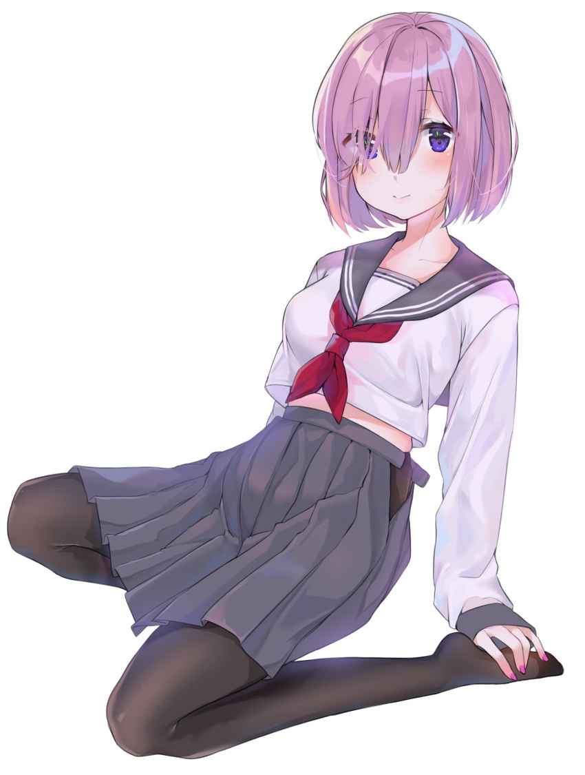 1girl bangs black_legwear blush breasts collarbone commentary_request eyebrows_visible_through_hair eyes_visible_through_hair fate/grand_order fate_(series) hair_over_one_eye highres lavender_hair long_sleeves looking_at_viewer mash_kyrielight medium_breasts pantyhose pleated_skirt purple_hair shirt short_hair simple_background skirt solo urim_(paintur) violet_eyes white_background white_shirt