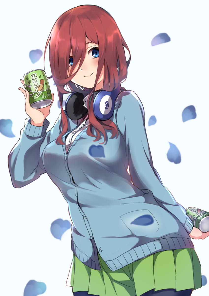 1girl arm_behind_back bangs blue_cardigan blue_eyes blush breasts brown_hair can cardigan closed_mouth collared_shirt commentary_request dress_shirt falling_petals go-toubun_no_hanayome green_skirt hair_between_eyes headphones headphones_around_neck highres kagari_leroy large_breasts long_hair long_sleeves looking_at_viewer nakano_miku pantyhose pleated_skirt shirt skirt smile soda soda_can standing white_shirt