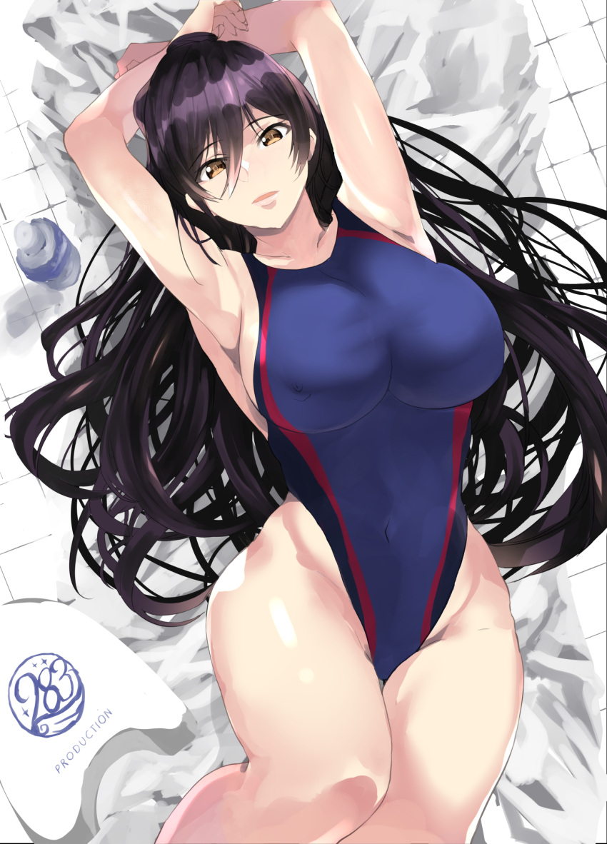 1girl armpits arms_behind_head arms_up bangs bare_shoulders black_hair blue_swimsuit blush breasts collarbone covered_navel hair_between_eyes high_ponytail highleg highleg_swimsuit highres idolmaster idolmaster_shiny_colors large_breasts long_hair looking_at_viewer lying on_back one-piece_swimsuit parted_lips ponytail shirase_sakuya solo swimsuit thighs yellow_eyes yuu_(asaiyuji)