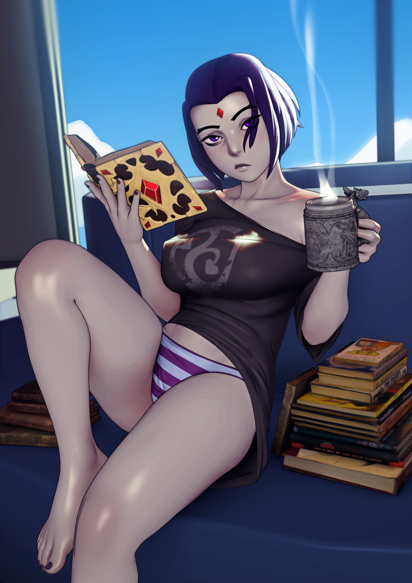 1girl absurdres backlighting book book_stack breasts casual coffee_mug collarbone commentary covered_nipples cup day dc_comics english_commentary forehead_jewel grey_skin highres john_doe leg_up lips looking_at_viewer medium_breasts mug no_bra no_pants nose open_book panties purple_hair purple_nails purple_panties raven_(dc) reading shirt short_hair solo striped striped_panties t-shirt teen_titans toenail_polish toes underwear violet_eyes window