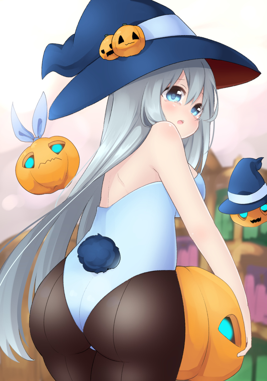 1girl absurdres ass bare_shoulders blue_bow blue_eyes blue_headwear blue_leotard blurry blurry_background bow breasts bunny_tail bunnysuit day grey_hair hat_ornament highres last_period leotard long_hair looking_back medium_breasts open_mouth outdoors pumpkin solo standing swim_(last_period) tail tears very_long_hair