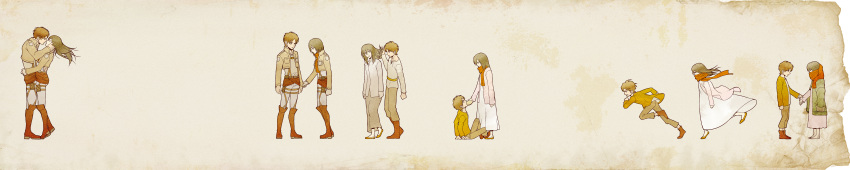 1boy 1girl absurdres age_progression anngieignna boots brown_hair couple eren_jaeger hetero highres huge_filesize incipient_kiss incredibly_absurdres jacket long_hair long_image mikasa_ackerman multiple_persona scarf shingeki_no_kyojin short_hair thigh_strap wide_image