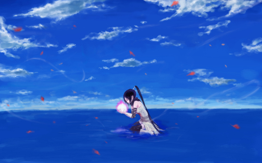 blue_hair cloud clouds kneeling long_hair nakatsukasa_tsubaki ocean sea sky soul_eater thigh-highs thighhighs tokiwa_osamu water