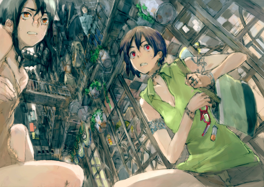 background from_below glasses humi perspective plant potted_plant red_eyes short_hair shorts sweat toi8 towel