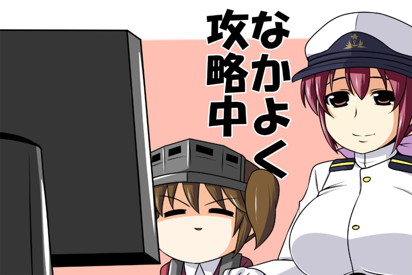 2girls ^_^ admiral_(kantai_collection) admiral_(kantai_collection)_(cosplay) breasts brown_hair closed_eyes cosplay crossover hoshizora_ikuyo kantai_collection large_breasts multiple_girls nishi_koutarou open_mouth pink_eyes pink_hair precure ryuujou_(kantai_collection) smile smile_precure! translation_request twintails visor_cap