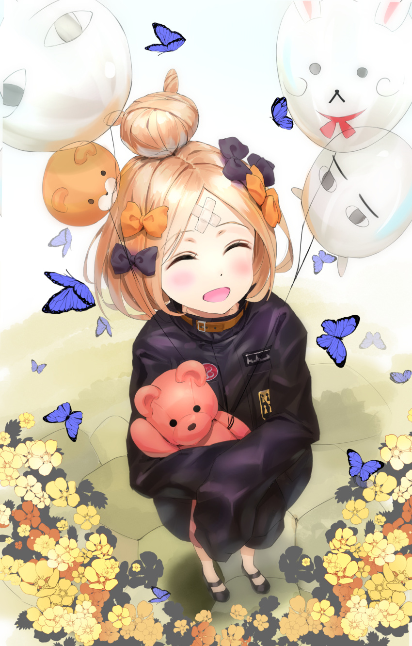 1girl abigail_williams_(fate/grand_order) balloon bangs black_bow black_jacket blonde_hair bow brown_collar bug butterfly closed_eyes collar commentary_request fate/grand_order fate_(series) flower hair_bow hair_bun highres insect jacket kian long_hair object_hug orange_bow orange_flower outdoors parted_bangs sleeves_past_fingers sleeves_past_wrists solo standing stuffed_animal stuffed_toy teddy_bear yellow_flower