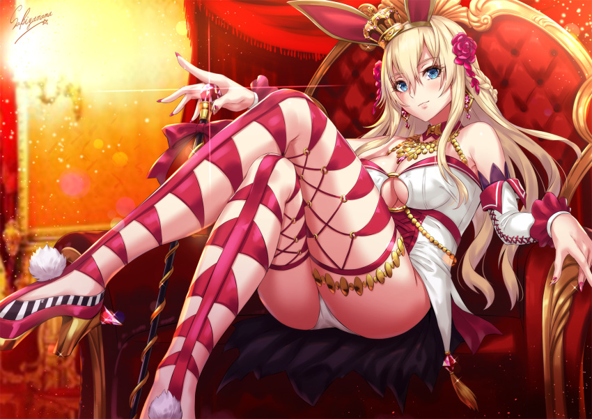1girl animal_ears bare_shoulders blonde_hair blue_eyes blush bow bowtie braid breasts chair crossed_legs crown crown_braid detached_collar detached_sleeves earrings fake_animal_ears flower french_braid glint gold gold_neckwear hair_between_eyes hair_flower hair_ornament hairband high_heels highres jewelry kantai_collection leotard long_hair mini_crown necklace o-ring rabbit_ears red_nails sakiyamama scepter signature sitting smile solo thighs warspite_(kantai_collection) white_leotard