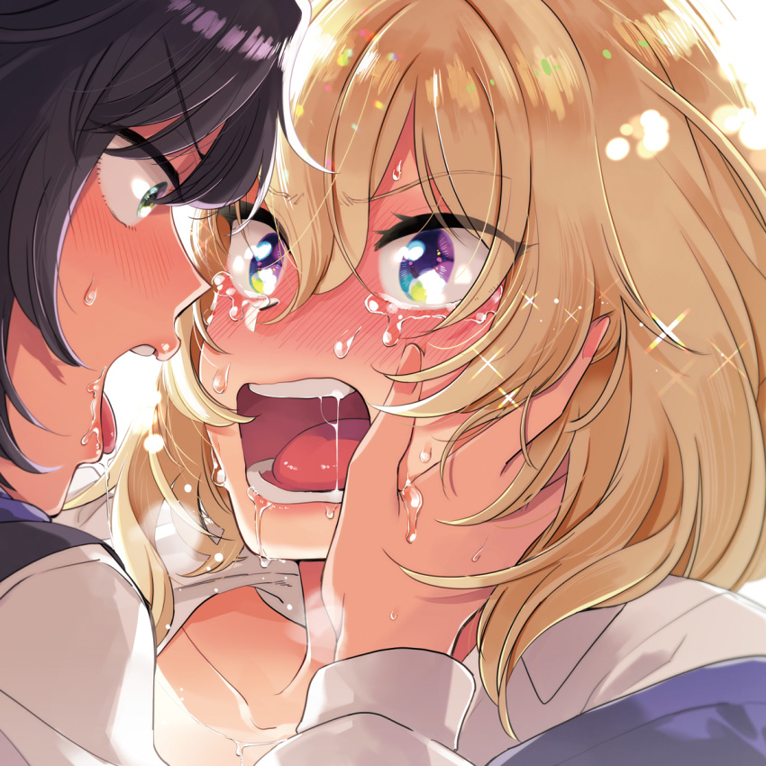 2girls after_kiss andou_(girls_und_panzer) bangs bc_freedom_school_uniform black_hair blonde_hair blue_eyes blue_sweater blush brown_eyes check_commentary collarbone commentary_request crying dark_skin drooling eyebrows_visible_through_hair face-to-face girls_und_panzer hand_on_another's_cheek hand_on_another's_face highres long_sleeves looking_at_another medium_hair messy_hair multiple_girls open_mouth oshida_(girls_und_panzer) saliva school_uniform shirt sparkle sweatdrop sweater sweater_around_neck tears teeth tongue undressing v-shaped_eyebrows vest yukataro yuri