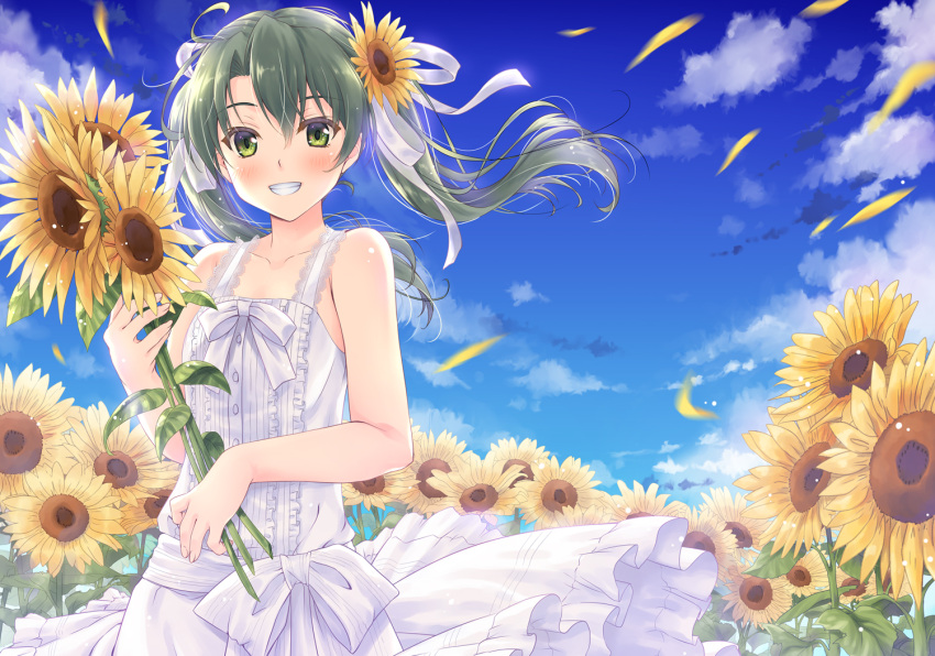 1girl alternate_costume blue_sky breasts clouds collarbone commentary_request day dress flower green_eyes green_hair hair_ribbon holding holding_flower kantai_collection long_hair looking_at_viewer minakami_nagara outdoors ribbon sky sleeveless sleeveless_dress small_breasts smile solo sundress sunflower twintails white_dress white_ribbon zuikaku_(kantai_collection)