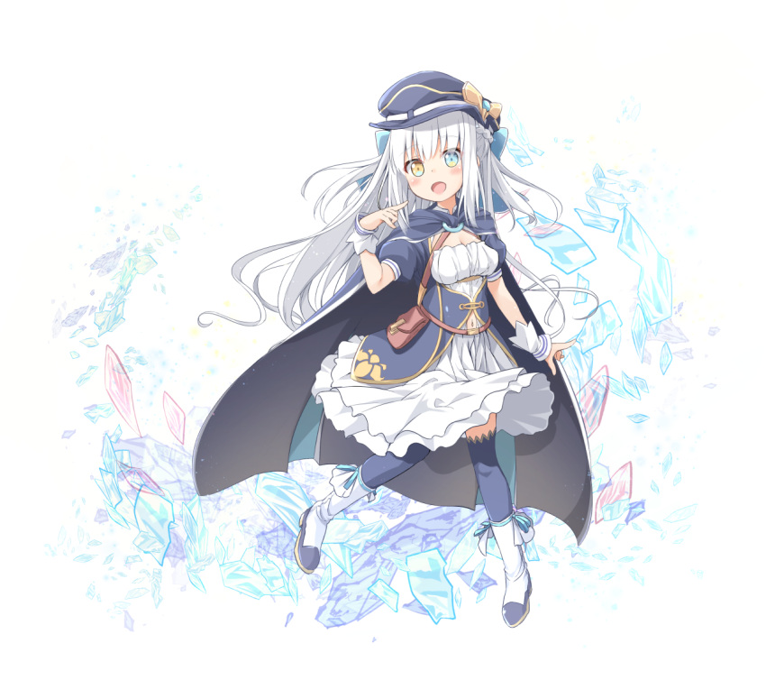 alternate_costume alternate_hairstyle bag boots breasts cape full_body grey_hair hat heterochromia kagura_mea kagura_mea_channel long_hair looking_at_viewer medium_breasts open_mouth pirason ribbon silver_hair simple_background thigh-highs virtual_youtuber white_hair