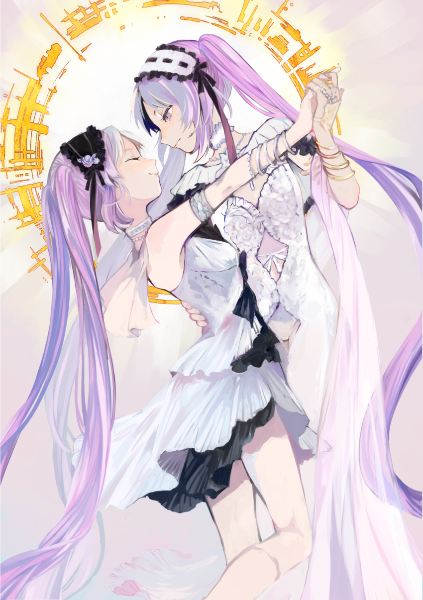 2girls bare_shoulders breasts closed_eyes commentary_request dress euryale fate/grand_order fate_(series) from_side hair_ornament hairband highres holding_hands lolita_hairband long_dress long_hair looking_at_another multiple_girls purple_hair rocaca short_dress small_breasts smile stheno twintails very_long_hair violet_eyes white_dress