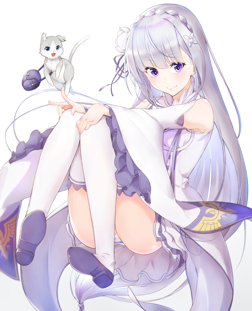 1girl bangs blush braid cat closed_mouth crown_braid detached_sleeves emilia_(re:zero) eyebrows_visible_through_hair flower frilled_sleeves frills hair_flower hair_ornament hair_ribbon hands_on_own_knees highres long_hair long_sleeves miniskirt panties print_sleeves puck_(re:zero) purple_ribbon re:zero_kara_hajimeru_isekai_seikatsu ribbon shimon_(31426784) silver_hair simple_background sitting skirt smile solo striped striped_panties thigh-highs underwear very_long_hair violet_eyes white_background white_flower white_legwear white_panties white_skirt white_sleeves wide_sleeves