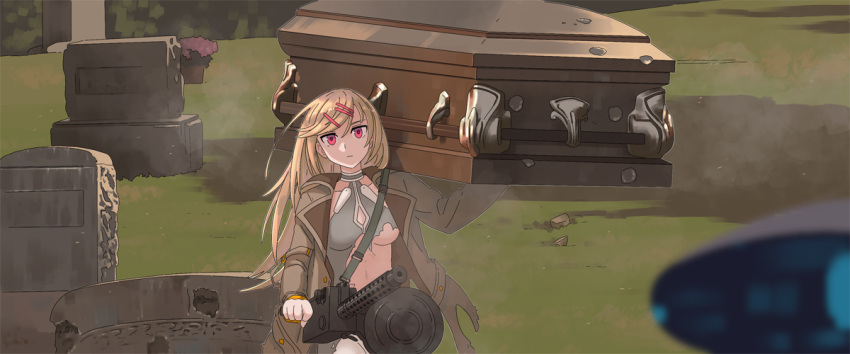 1girl bangs blonde_hair breasts browning_m1919 carrying carrying_over_shoulder coat coffin collarbone dress drum_magazine expressionless flower flower_pot girls_frontline grass grave graveyard gun hair_ornament hairclip holding long_hair m1919_(girls_frontline) machine_gun magazine_(weapon) medium_breasts navel outdoors parody red_eyes sling smoke solo swept_bangs tab_(tabkun) terminator terminator_3:_rise_of_the_machines torn_clothes torn_coat torn_dress weapon