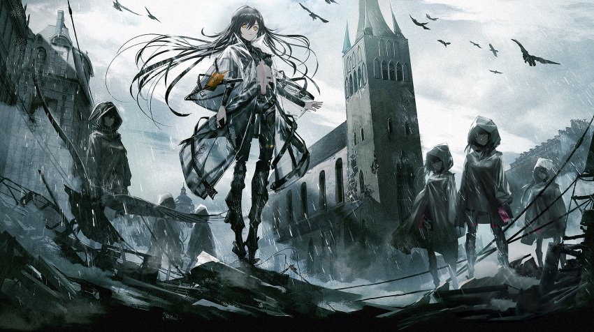 6+girls bird black_hair church cloak crow cyborg girls_frontline highres hood hoodie long_hair long_jacket looking_at_viewer mechanical_legs multiple_girls navel official_art rain ruins spoilers swav yellow_eyes