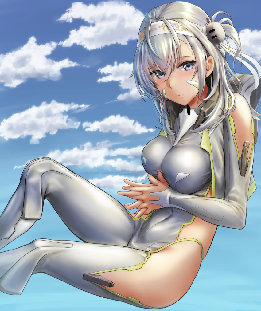 1girl alternate_costume blue_eyes blue_sky blush bodysuit breasts clothes_writing clouds covered_navel day eyebrows_visible_through_hair feet_out_of_frame floating grey_bodysuit hachimaki hair_between_eyes hands_together headband highres kantai_collection kokuzoo long_hair looking_at_viewer medium_breasts one_side_up outdoors parted_lips silver_hair sky solo suzutsuki_(kantai_collection)