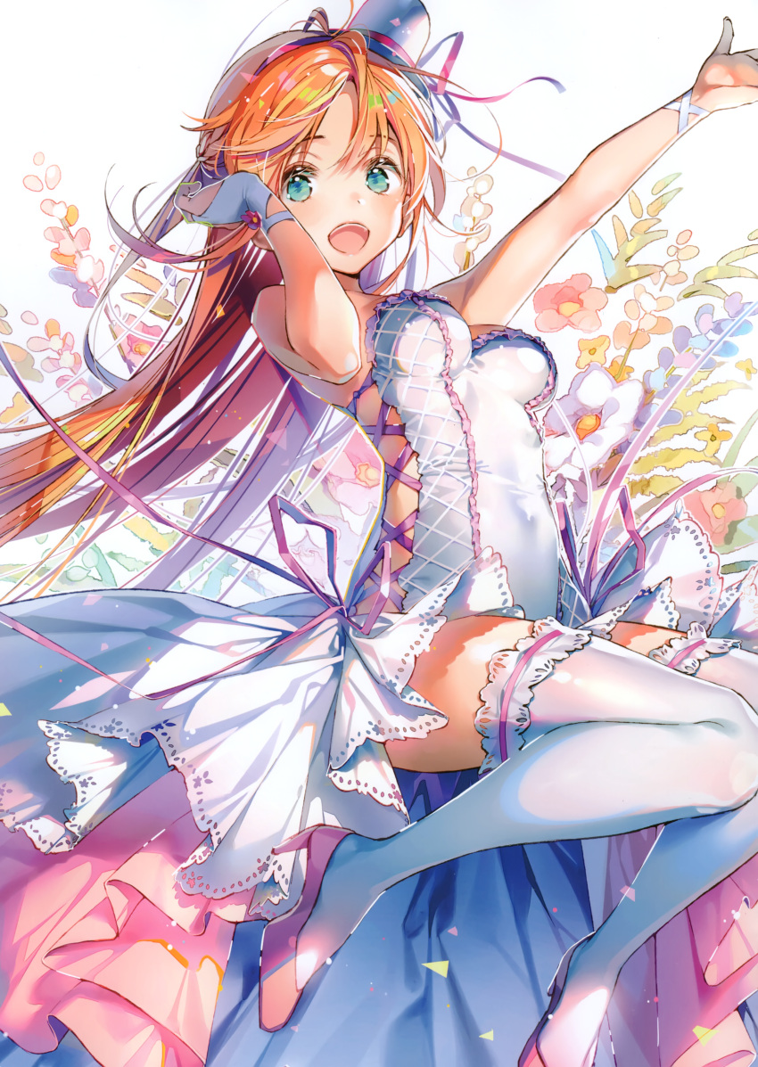 1girl absurdres arm_up bare_shoulders blue_eyes breasts bridal_gauntlets dress dsmile floral_background flower hair_ornament hand_up hat high_heels highres long_hair looking_at_viewer medium_breasts mini_hat open_mouth orange_hair original pink_footwear scan shiny shiny_clothes shiny_hair shiny_skin simple_background smile solo thigh-highs white_legwear
