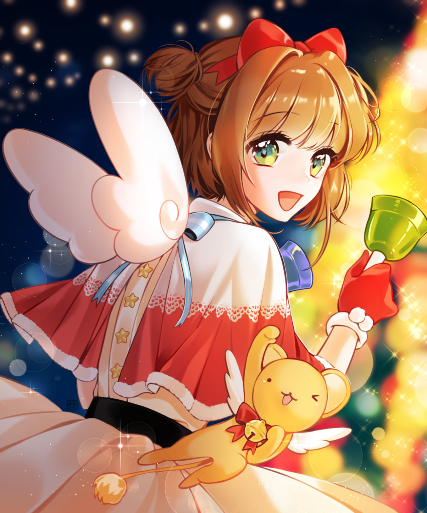 1girl :d blue_ribbon blurry blurry_background bow brown_hair capelet cardcaptor_sakura dress fur-trimmed_capelet fur-trimmed_gloves fur_trim gloves green_eyes hair_bow hair_intakes highres kero kinomoto_sakura lens_flare looking_at_viewer megaheng night open_mouth pleated_dress red_bow red_gloves ribbon shiny shiny_hair short_hair smile solo standing white_dress white_wings wings