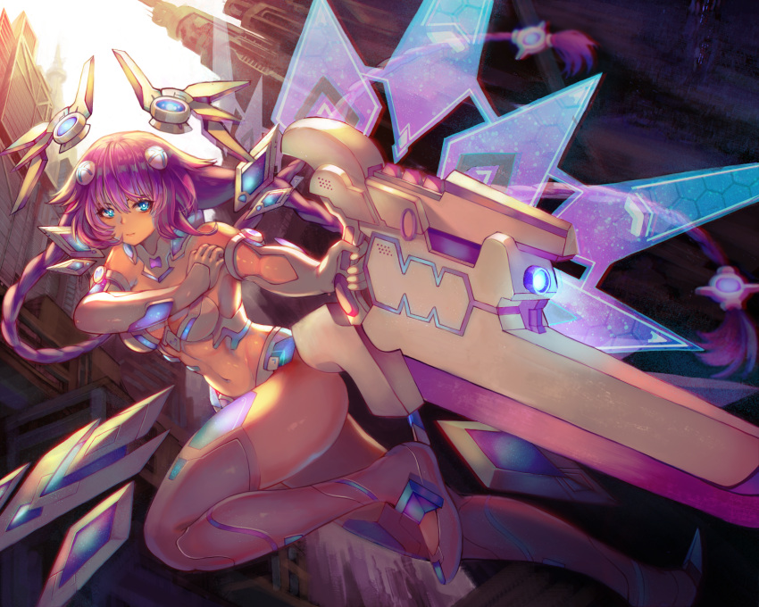 1girl blue_eyes braid breasts choujigen_game_neptune_the_animation elbow_gloves eyebrows_visible_through_hair gloves hair_ornament highres holding holding_sword holding_weapon long_hair navel neptune_(series) power_symbol purple_hair purple_heart small_breasts smile solo sword sxbzero thigh-highs twin_braids twintails weapon white_gloves white_legwear wings
