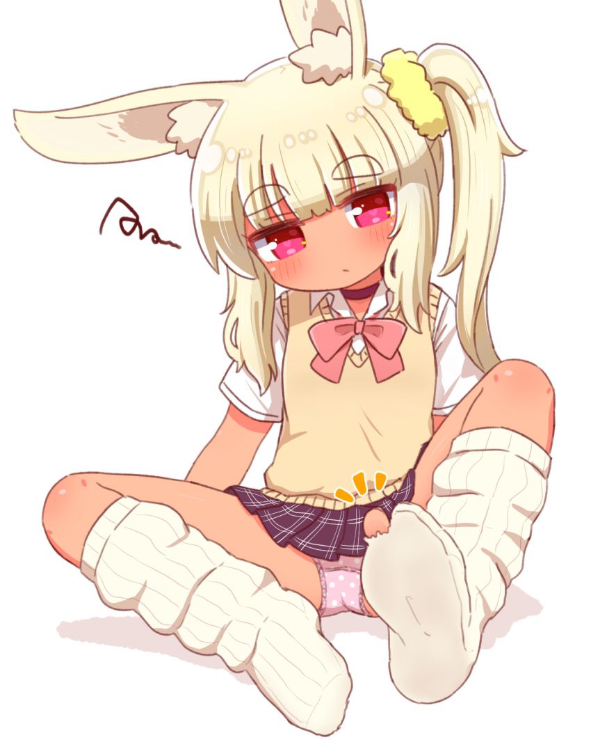 1girl animal_ear_fluff animal_ears black_choker black_skirt blonde_hair blush bow choker closed_mouth collared_shirt commentary_request dark-skinned_female dark_skin full_body head_tilt heart heart-shaped_pupils highres long_hair looking_at_viewer loose_socks masurao_(sekaiju) masurao_2_(sekaiju) naga_u no_shoes notice_lines panties pink_bow pink_panties pleated_skirt polka_dot polka_dot_panties rabbit_ears red_eyes school_uniform sekaiju_no_meikyuu sekaiju_no_meikyuu_5 shirt short_eyebrows short_sleeves side_ponytail sidelocks sitting skirt socks soles solo squiggle sweater_vest symbol-shaped_pupils thick_eyebrows torn_clothes torn_legwear underwear white_background white_legwear white_shirt