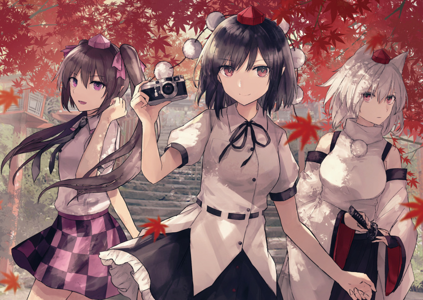 3girls :d animal_ears artist_name autumn_leaves bangs bare_shoulders black_hair black_neckwear black_ribbon black_skirt breasts brown_hair camera checkered checkered_skirt commentary_request cowboy_shot detached_sleeves eyebrows_visible_through_hair hair_between_eyes hair_ribbon hand_up hat himekaidou_hatate holding holding_camera holding_sword holding_weapon inubashiri_momiji katana long_hair long_sleeves looking_at_viewer medium_breasts miniskirt multiple_girls neck_ribbon necktie open_mouth petticoat pointy_ears pom_pom_(clothes) puffy_short_sleeves puffy_sleeves purple_ribbon purple_skirt red_eyes ribbon shameimaru_aya shirt short_hair short_sleeves silver_hair skirt smile stairs standing sword thkani tokin_hat touhou twintails violet_eyes weapon white_shirt wide_sleeves wolf_ears