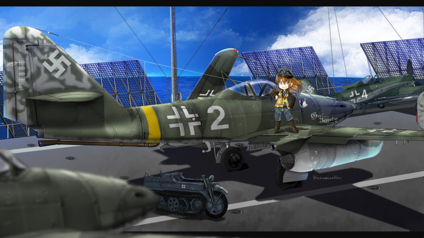 1girl aircraft airplane blue_eyes blue_sky brown_hair clouds commentary_request day fairy_(kantai_collection) flight_deck ground_vehicle half-track harumiya_hiro hat highres jet kantai_collection kettenkrad long_hair luftwaffe me_262 military outdoors peaked_cap sky solo standing swastika world_war_ii
