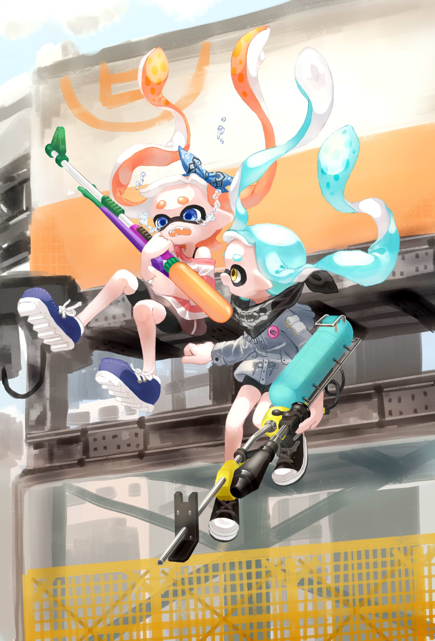 2girls absurdres aqua_hair bandana bangs bike_shorts black_bandana black_footwear black_shorts blue_bandana blue_eyes blue_footwear blunt_bangs bra_strap commentary_request cross-laced_footwear crying day domino_mask e-liter_4k_(splatoon) falling fangs grey_jacket highres holding holding_weapon inkling jacket long_hair looking_at_another looking_back mask multiple_girls myon_rio off-shoulder_shirt off_shoulder orange_hair outdoors partial_commentary pink_shirt pointy_ears scared scope shirt shoes short_sleeves shorts sneakers splat_charger_(splatoon) splatoon_(series) splatoon_2 striped striped_shirt tears tentacle_hair weapon yellow_eyes