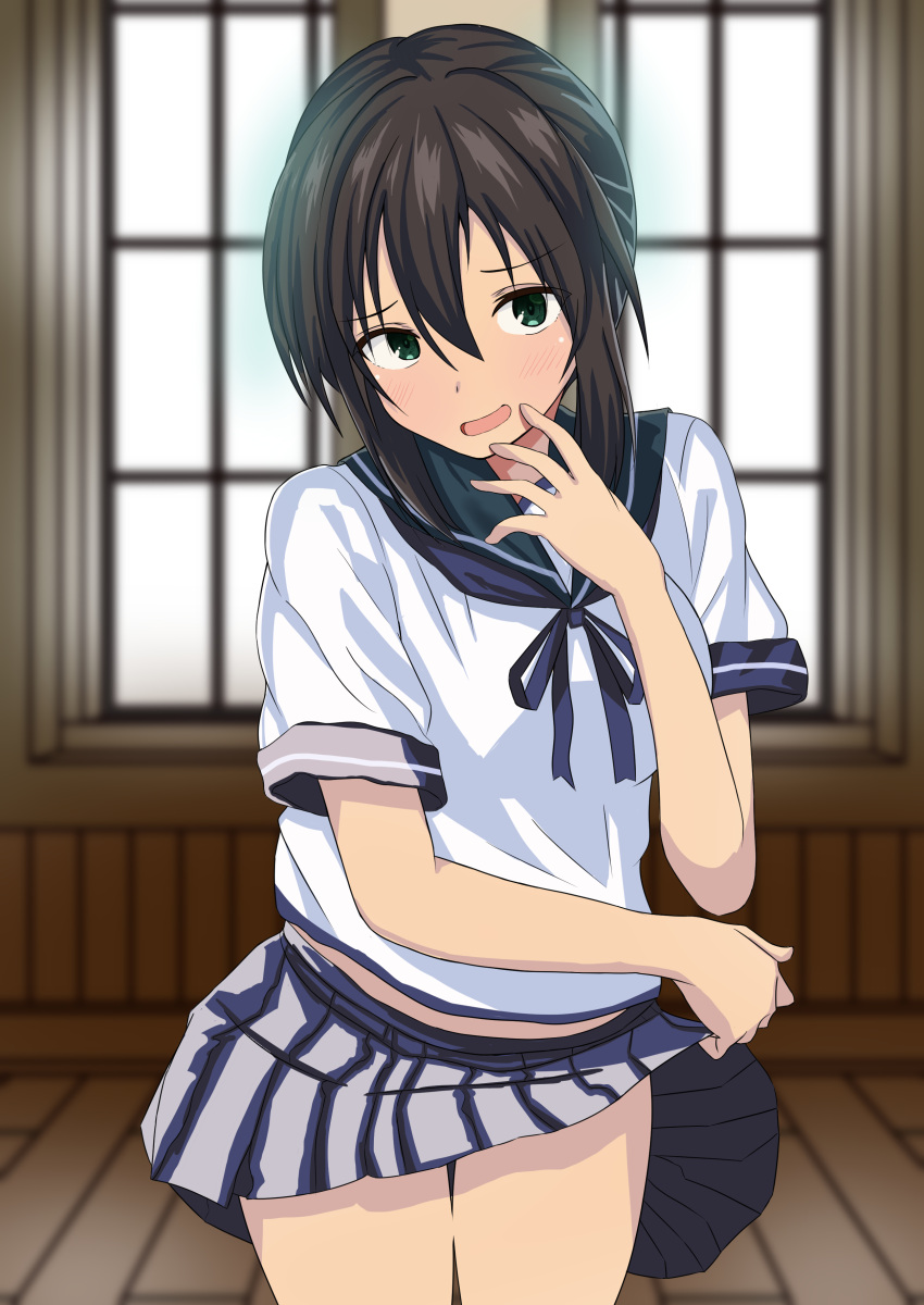 1girl absurdres agachi_(shunya12300724) black_hair blue_neckwear blue_sailor_collar blue_skirt commentary_request cowboy_shot fubuki_(kantai_collection) green_eyes highres indoors kantai_collection looking_at_viewer low_ponytail neckerchief pleated_skirt ponytail sailor_collar school_uniform serafuku short_ponytail sidelocks skirt skirt_lift solo window