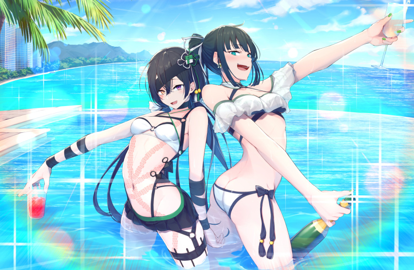 2girls @_@ aqua_eyes ass bangs bikini black_hair blue_sky bottomless breasts clouds cup drinking_glass earrings fate/grand_order fate_(series) green_nails hair_between_eyes headband hetero highres jewelry jing_ke_(fate/grand_order) kurogiri long_hair looking_at_viewer mochizuki_chiyome_(fate/grand_order) mountain multiple_girls navel ocean outdoors palm_tree ponytail pool see-through sky snake_tattoo swimsuit thigh_strap tree very_long_hair violet_eyes white_bikini yellow_eyes