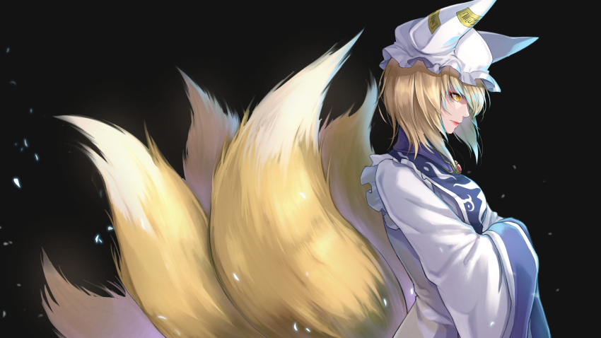 1girl bangs black_background blonde_hair breasts brooch commentary dress eyeshadow fox_tail from_side hat highres jewelry lipstick long_sleeves makeup medium_breasts multiple_tails ofuda petals pillow_hat profile re_(re_09) red_lipstick short_hair simple_background solo tabard tail touhou upper_body white_dress white_headwear wide_sleeves yakumo_ran yellow_eyes