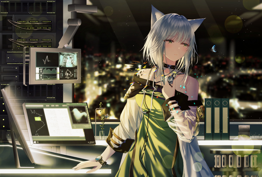 (arknights) 1girl absurdres animal animal_ears arknights bangs bare_shoulders blurry blurry_background bug butterfly commentary_request depth_of_field dress eyebrows_visible_through_hair green_dress green_eyes highres indoors insect junpaku_karen kal'tsit_(arknights) long_hair long_sleeves night night_sky puffy_long_sleeves puffy_sleeves see-through see-through_sleeves sidelocks silver_hair sky solo strapless strapless_dress watch