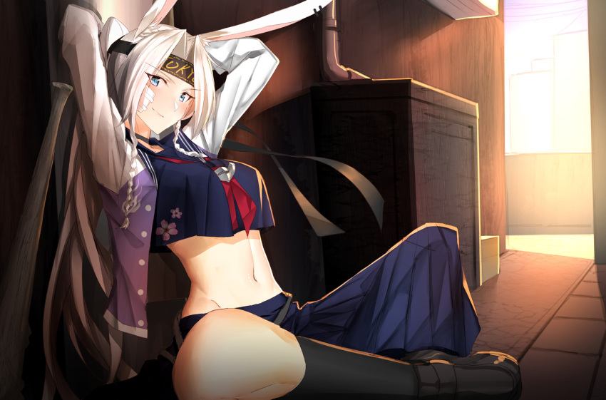 1girl animal_ears arms_behind_head arms_up azur_lane bandaid black_footwear black_legwear black_shirt black_skirt blue_eyes braid breasts choker commentary_request crop_top crop_top_overhang ear_piercing hair_intakes headband hiryuu_(azur_lane) indian_style indoors jacket kneehighs loafers long_hair long_sleeves looking_at_viewer medium_breasts midriff navel neckerchief open_clothes open_jacket pallad piercing pleated_skirt ponytail rabbit_ears school_uniform serafuku shirt shoes sitting skirt smile solo stomach twin_braids very_long_hair white_hair