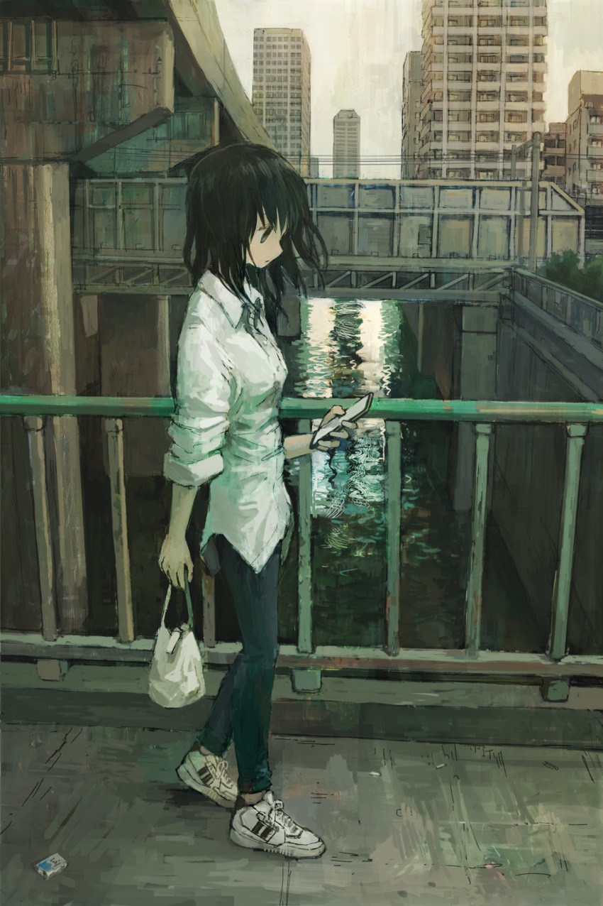 1girl bag black_eyes black_hair bridge building cellphone cityscape day denim dress_shirt from_side highres holding holding_bag holding_cellphone holding_phone jeans long_hair original outdoors pants phone profile railing shirt shoes sleeves_rolled_up smartphone sneakers solo tokunaga_akimasa walking water white_shirt wing_collar