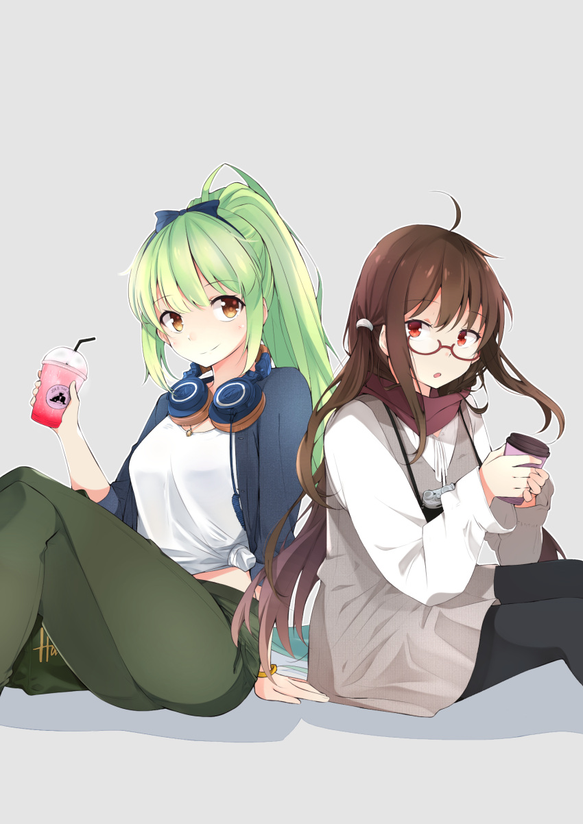 2girls alternate_costume azur_lane breasts brown_eyes brown_hair casual coffee_cup commentary cup disposable_cup glasses green_hair headphones highres london_(azur_lane) looking_at_viewer multiple_girls myuto_(advent_retribution) ponytail red_eyes scarf shropshire_(azur_lane) simple_background sitting smile smoothie