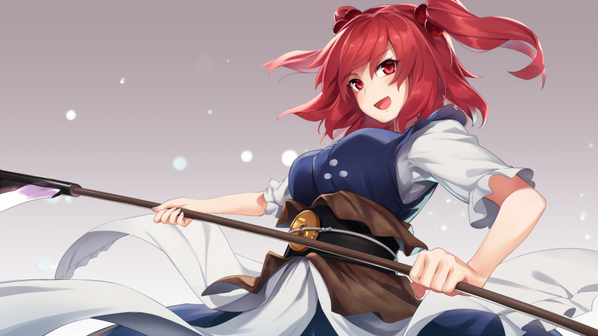 1girl :d asutora bangs black_sash blue_dress blush breasts commentary_request dress eyebrows_visible_through_hair gradient gradient_background grey_background hair_between_eyes hair_bobbles hair_ornament head_tilt holding holding_scythe holding_weapon medium_breasts onozuka_komachi open_mouth red_eyes redhead sash scythe shirt short_hair short_sleeves smile solo touhou two_side_up upper_body weapon white_shirt