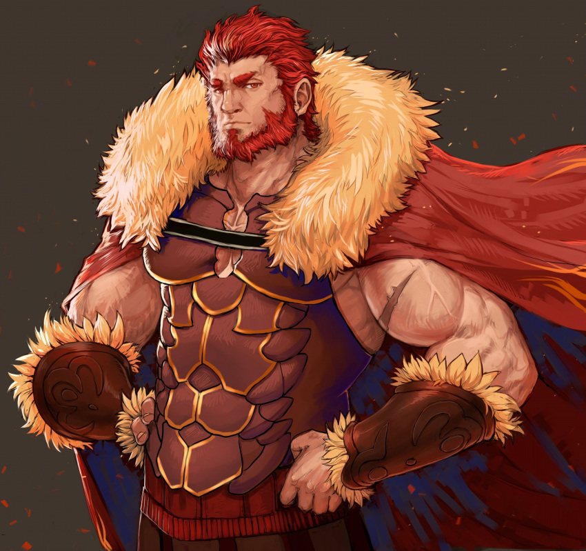 1boy abs armor bara beard body_hair breastplate cape chest facial_hair fate/zero fate_(series) fur_collar hand_on_hip highres looking_at_viewer male_focus manly muscle pectorals red_eyes redhead rider_(fate/zero) rumlockerart scar simple_background solo
