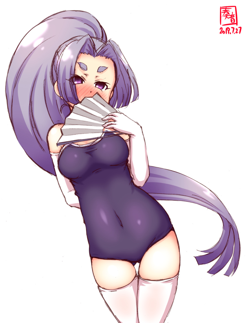 1girl alternate_costume arm_behind_back artist_logo ass_visible_through_thighs blue_swimsuit blush breasts collarbone covered_navel cowboy_shot dated elbow_gloves eyebrows fan feet_out_of_frame folding_fan gloves hatsuharu_(kantai_collection) highres kanon_(kurogane_knights) kantai_collection long_hair looking_at_viewer medium_breasts new_school_swimsuit one-piece_swimsuit ponytail purple_hair school_swimsuit shide short_eyebrows signature simple_background solo swimsuit thigh-highs violet_eyes white_background white_gloves white_legwear