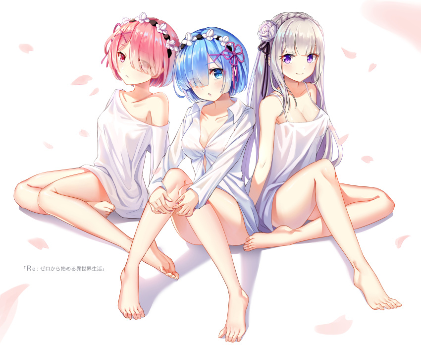 3girls absurdres barefoot blue_eyes blue_hair blush breasts emilia_(re:zero) feet hair_ornament hair_ribbon highres lalazyt long_hair looking_at_viewer multiple_girls open_mouth pink_hair ram_(re:zero) re:zero_kara_hajimeru_isekai_seikatsu red_eyes rem_(re:zero) ribbon shirt short_hair sitting smile soles toes violet_eyes white_hair