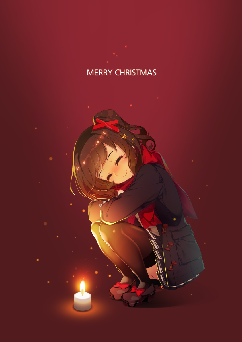 1girl absurdres artist_request black_coat black_legwear blue_shirt blush bow brown_footwear brown_hair candle closed_mouth coat english_text fire from_side hair_ornament highres long_sleeves mary_janes merry_christmas neckerchief nose_blush open_clothes open_coat pleated_skirt ponytail red_background red_bow red_scarf santa_(santaneun_gyobogeul_ibeul_su_bakke_eopseo) santaneun_gyobogeul_ibeul_su_bakke_eopseo scarf school_uniform serafuku shirt shoes skirt smile solo star star_hair_ornament thigh-highs x_hair_ornament